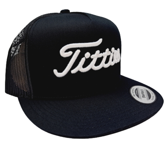Titties Golf Puff Embroidered Flat Bill Trucker Mesh Snapback Hat Cap Bla… - Picture 2 of 4